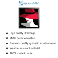 SAJA KAR DEKHO Woman In Hat With Red Lip Art High Quality Weather Resistant HD Wall Frame | 20 x 20 inch | - 20 X 20 inch