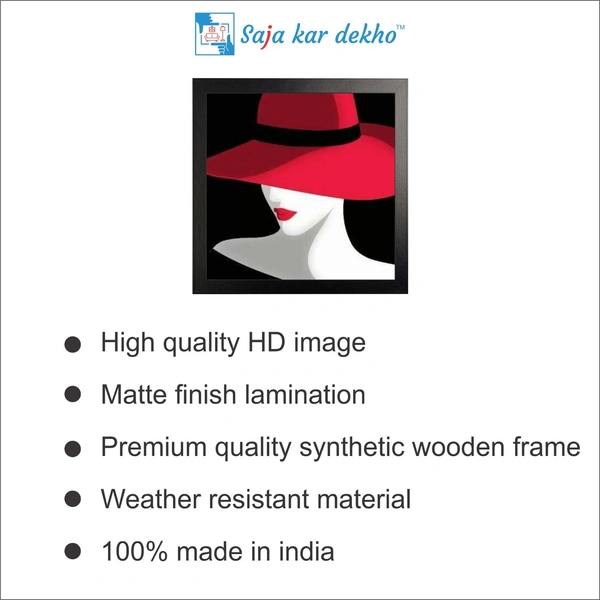 SAJA KAR DEKHO Woman In Hat With Red Lip Art High Quality Weather Resistant HD Wall Frame | 20 x 20 inch | - 20 X 20 inch