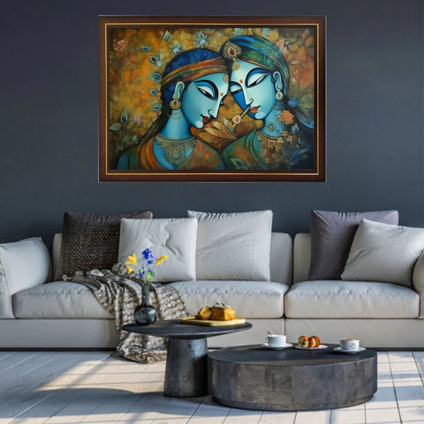 SAJA KAR DEKHO Radha Krishna With Beautiful Background High Quality Weather Resistant HD Wall Frame | 12 x 18 inch | - 12 X 18 inch