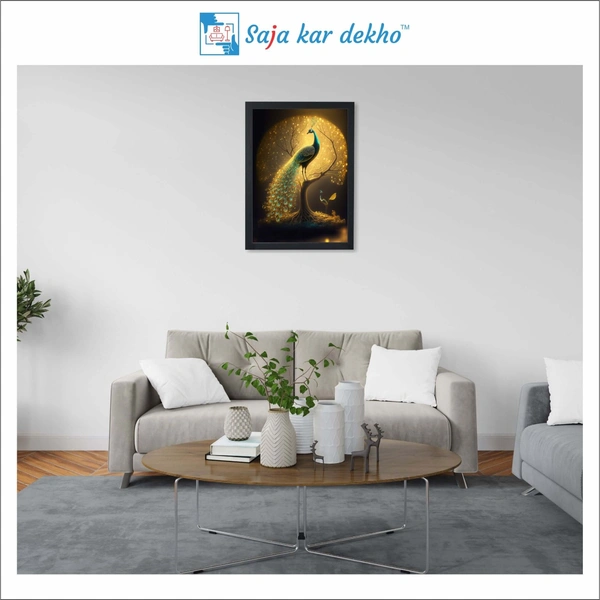 SAJA KAR DEKHO Peacock With Beautiful Background High Quality Weather Resistant HD Wall Frame | 12 x 18 inch | - 12 X 18 inch