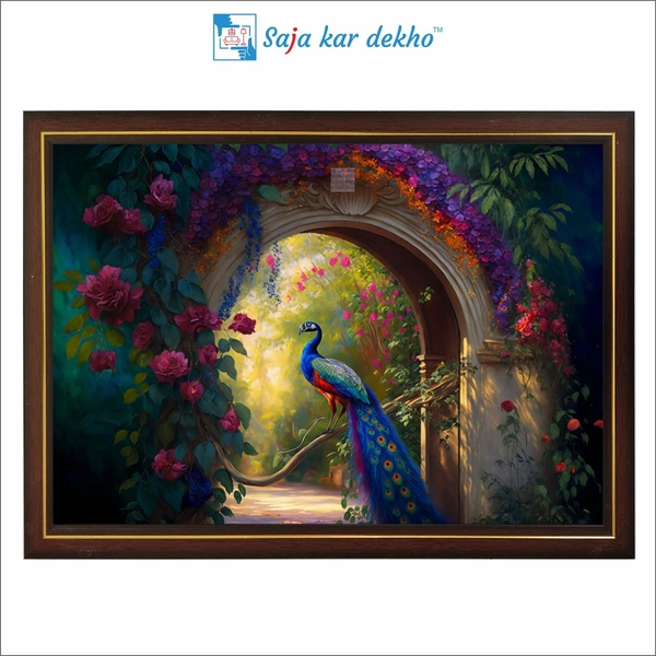 SAJA KAR DEKHO Peacock With Beautiful Background High Quality Weather Resistant HD Wall Frame | 12 x 18 inch | - 12 X 18 inch