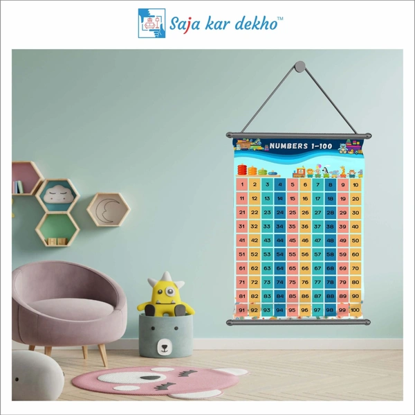 saja kar dekho NUMBERS 1 TO 100 Wall Handing Poster For Kids | NUMBERS With Picture High Quality Weather Resistant HD Wall Poster | 30 x 48 inch | - 30 x 48 inch