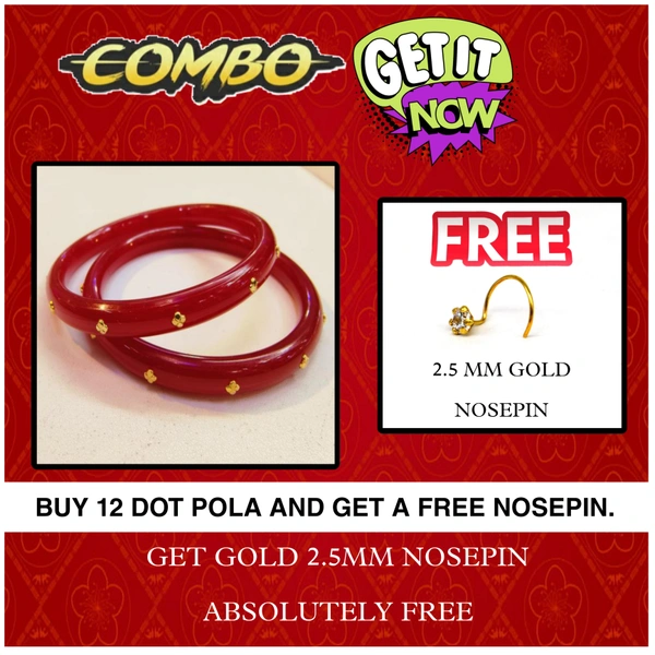 COMBO OFFER RED DOTS KDM GOLD POLA BADHANO (1 PAIR) APPROX WGT: 0.250 GM WITH FREE 2.5MM GOLD NOSEPIN