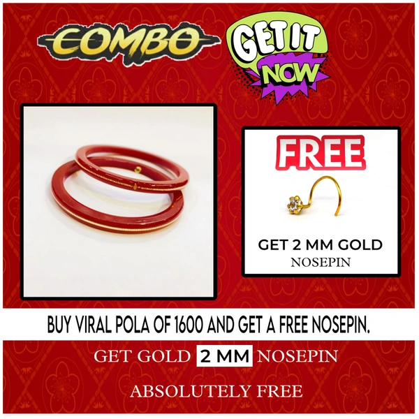 COMBO OFFER RED HUID HALLMARK 22KT GOLD VIRAL POLA LITES VERSION (LAMINATED) 1 PAIR APPROX WGT: 0.100 GM WITH FREE NOSEPIN (NON EXCHANGABLE)