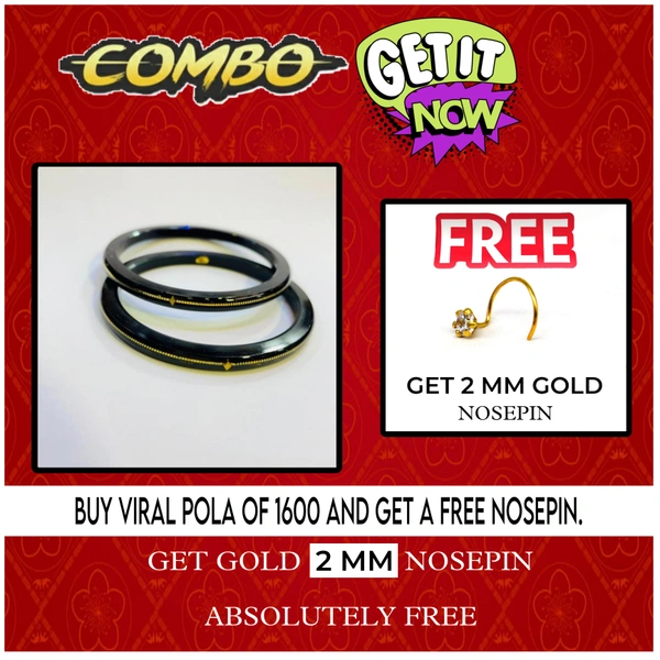 COMBO OFFER BLACK HUID HALLMARK 22KT GOLD VIRAL POLA LITES VERSION (LAMINATED) 1 PAIR APPROX WGT: 0.100 GM WITH FREE NOSEPIN (NON EXCHANGABLE)