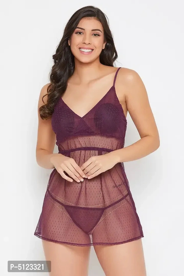 Elegant Purple Lace Solid Shoulder Straps Babydoll With Thong For Women- 2 Pieces - S