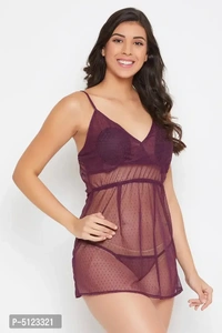 Elegant Purple Lace Solid Shoulder Straps Babydoll With Thong For Women- 2 Pieces - S