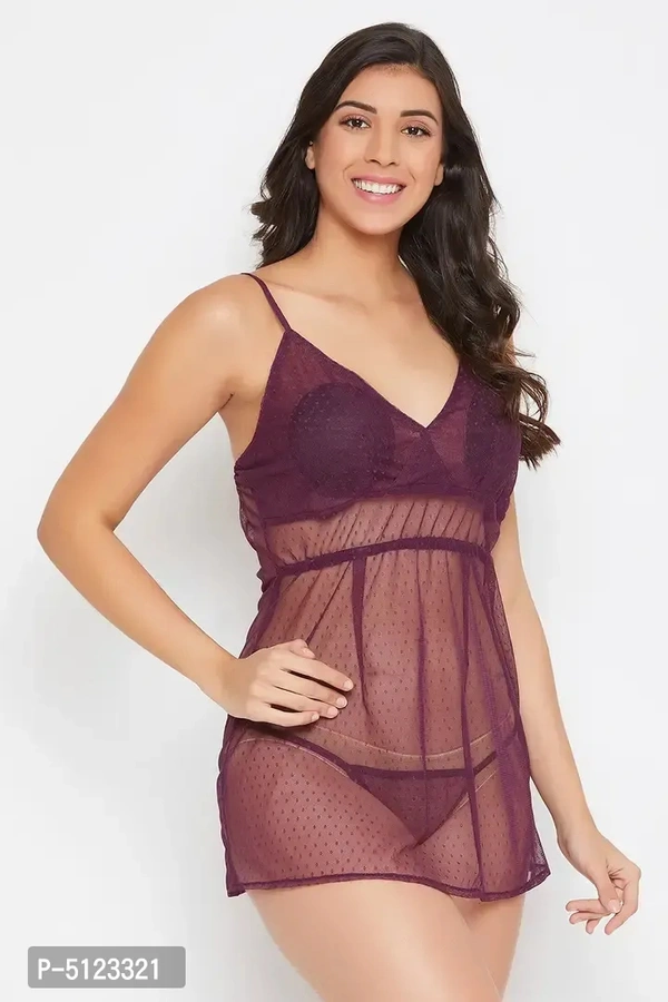 Elegant Purple Lace Solid Shoulder Straps Babydoll With Thong For Women- 2 Pieces - S