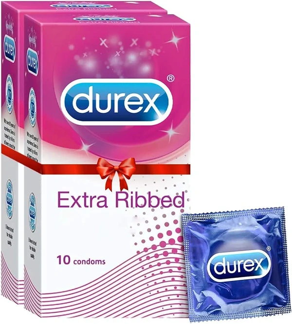 Durex Extra Ribbed Condoms for Men - 10 Count (Pack of 2) |Dotted and Dotted for Extra Stimulation|Suitable for use with lubes & toys
