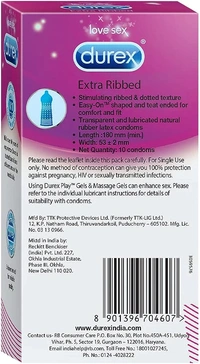 Durex Extra Ribbed Condoms for Men - 10 Count (Pack of 2) |Dotted and Dotted for Extra Stimulation|Suitable for use with lubes & toys