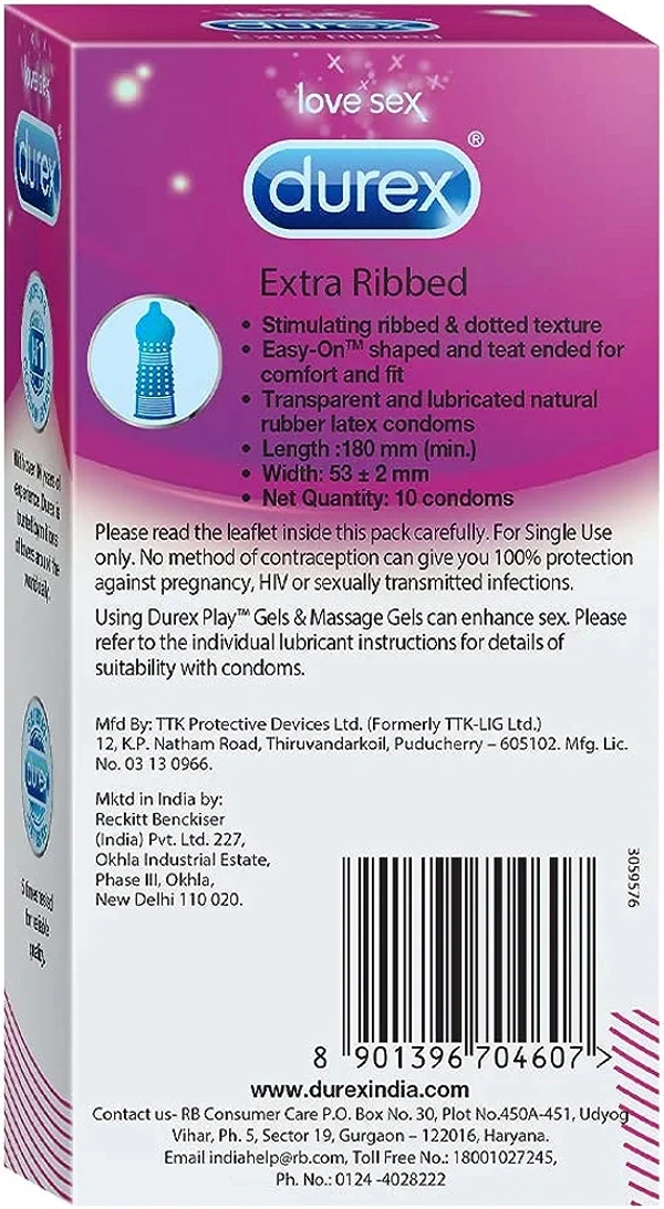 Durex Extra Ribbed Condoms for Men - 10 Count (Pack of 2) |Dotted and Dotted for Extra Stimulation|Suitable for use with lubes & toys