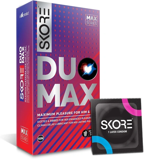 Skore Duo Max - Premium Condoms for Him & Her with Disposal Pouches | Performa Lubricant for Long Lasting Climax Delay | Suitable for use with lubes & toys- 1 Pack (10 pieces)