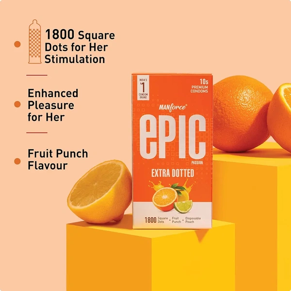 Epic Extra Dotted Premium Condoms For Lovemaking| Fruit Punch Flavour | From India’s No. 1* Condom Brand| Vegan| No Harsh Chemicals| Lubricated Latex Condoms| Pack of 10