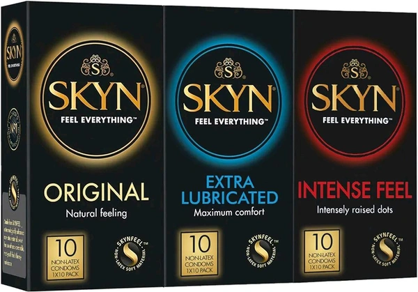Skyn Multi Pack Condoms for Men (Original, Extra lube, Intensefeel) 30 count(Pack of 3) |Feel Everything|Latex Free