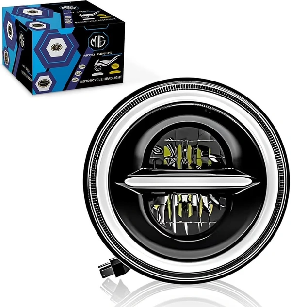 MOTO GENIUS 5.7 Inch LED Round Headlight for Harley Davidson & Bajaj Avenger Motorbike | Acrylic & Aluminum Construction, Waterproof, Luminous Mode (Line Design)
