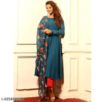 FAB GALAXY Pink French Rose Color Anarkali Kurti With Printed Dupatta Sets - XS, Navy Blue