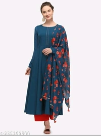 FAB GALAXY Pink French Rose Color Anarkali Kurti With Printed Dupatta Sets - XS, Navy Blue