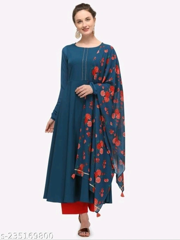 FAB GALAXY Pink French Rose Color Anarkali Kurti With Printed Dupatta Sets - 4XL, Navy Blue
