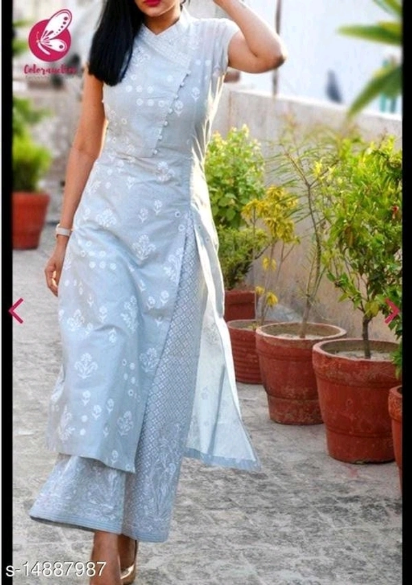 Women Royan A-line Printed Long Kurti With Plazzo Set - M