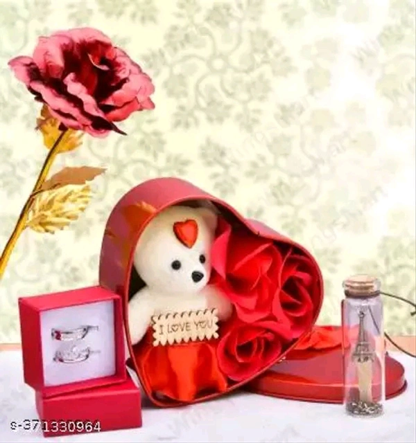 Valentines Day Special Combo Gift Og Gold Plated Rose, Teddy, Heart Box & Couple Ring Set For Your Special One