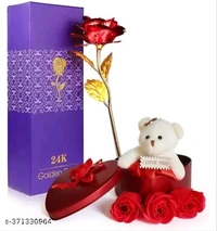 Valentines Day Special Combo Gift Og Gold Plated Rose, Teddy, Heart Box & Couple Ring Set For Your Special One