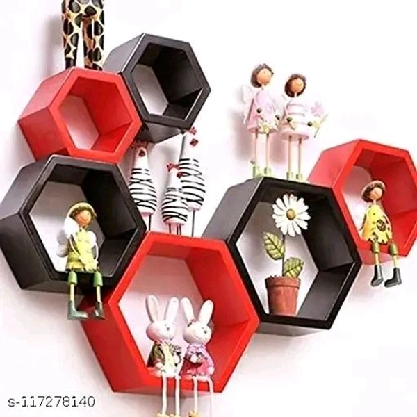 Techhark Home Décor Hexagonal Shape MDF (Medium Density Fiber) Fiber Wall Shelf, Living Room Decorative Self -{Set of 3} (Red 3pcs and Black 3pcs)