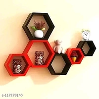 Techhark Home Décor Hexagonal Shape MDF (Medium Density Fiber) Fiber Wall Shelf, Living Room Decorative Self -{Set of 3} (Red 3pcs and Black 3pcs)