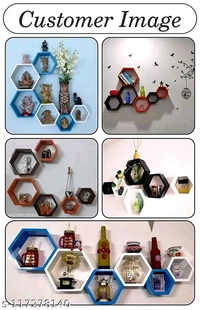 Techhark Home Décor Hexagonal Shape MDF (Medium Density Fiber) Fiber Wall Shelf, Living Room Decorative Self -{Set of 3} (Red 3pcs and Black 3pcs)