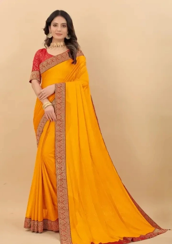 Attractive Silk Blend Lace Work Saree with Blouse piece - Yellow Orange
