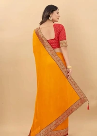 Attractive Silk Blend Lace Work Saree with Blouse piece - Yellow Orange