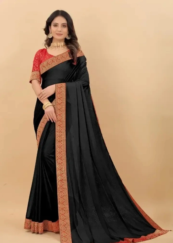 Attractive Silk Blend Lace Work Saree with Blouse piece - Black