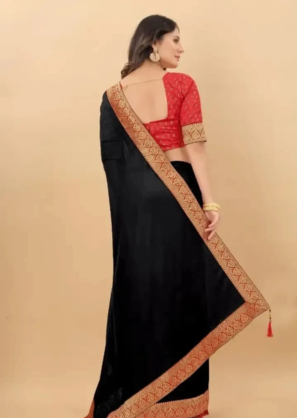 Attractive Silk Blend Lace Work Saree with Blouse piece - Black