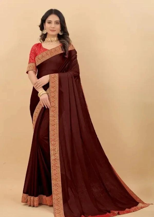 Attractive Silk Blend Lace Work Saree with Blouse piece - Maroon