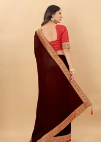 Attractive Silk Blend Lace Work Saree with Blouse piece - Maroon