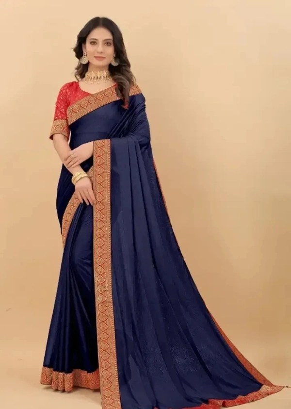 Attractive Silk Blend Lace Work Saree with Blouse piece - Navy Blue