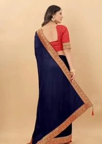 Attractive Silk Blend Lace Work Saree with Blouse piece - Navy Blue