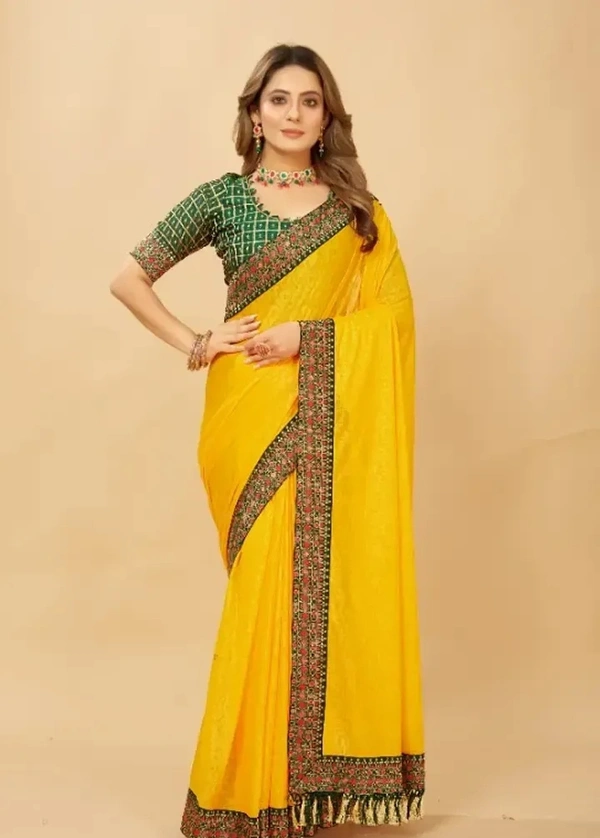 Silk Blend Embossed Saree With Blouse Piece - Yellow