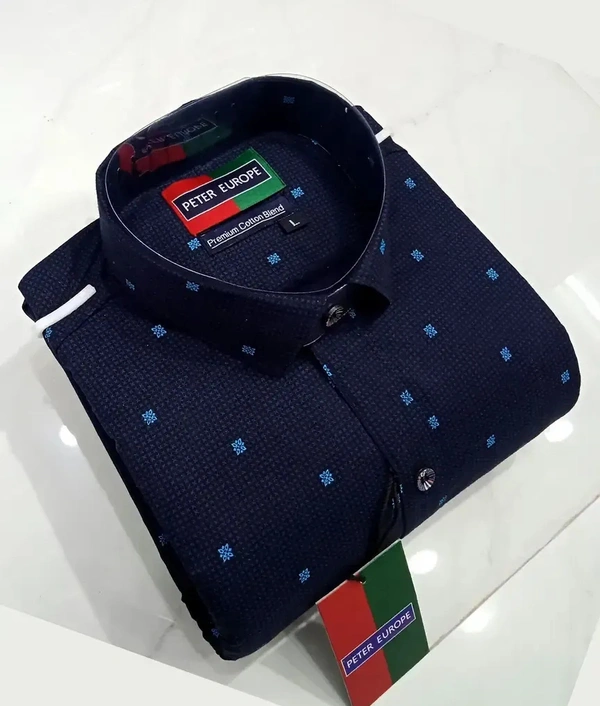 Peter Europe  Men's Navy Blue Cotton Printed Long Sleeves Regular Fit Casual Shirt - Navy Blue, L
