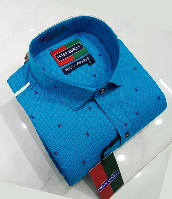 Peter Europe Men's Blue Cotton Printed Long Sleeves Regular Fit Casual Shirt - Blue, S