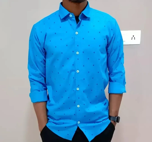 Peter Europe Men's Blue Cotton Printed Long Sleeves Regular Fit Casual Shirt - Blue, XXL