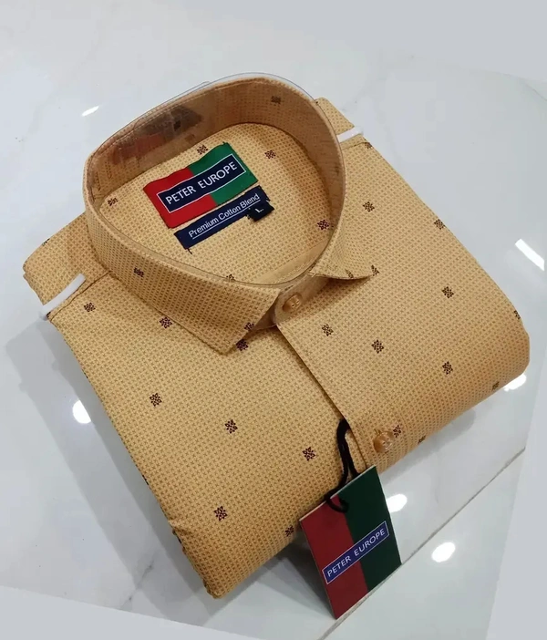 Peter Europe Men's Beige Cotton Printed Long Sleeves Regular Fit Casual Shirt - Yellow Orange, S