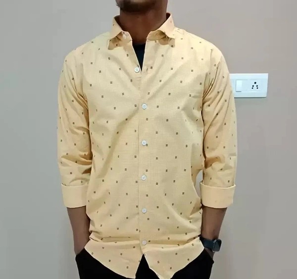 Peter Europe  Men's Beige Cotton Printed Long Sleeves Regular Fit Casual Shirt - Yellow Orange, XL