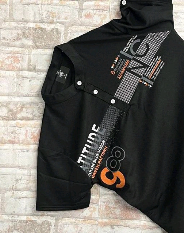 MENS PRINTED HENLEY NECK T-SHIRT PREMIUM QUALITY CASUAL WEAR - M, Black