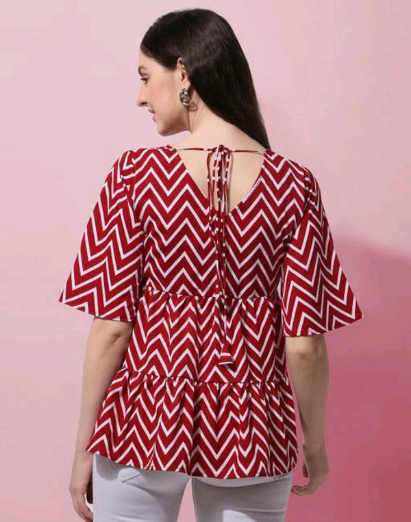 Red Geometric Print Layered Top in Crepe fabric with Round Neck and Half Sleeve - S