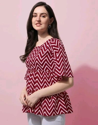 Red Geometric Print Layered Top in Crepe fabric with Round Neck and Half Sleeve - M