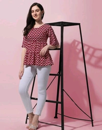 Red Geometric Print Layered Top in Crepe fabric with Round Neck and Half Sleeve - L