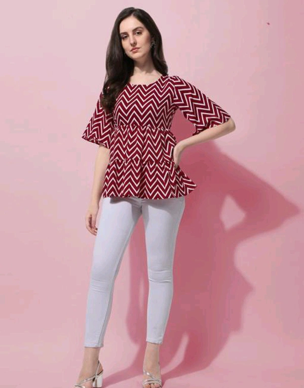 Red Geometric Print Layered Top in Crepe fabric with Round Neck and Half Sleeve - XXXL