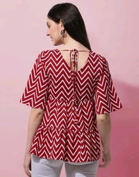 Red Geometric Print Layered Top in Crepe fabric with Round Neck and Half Sleeve - XXXL