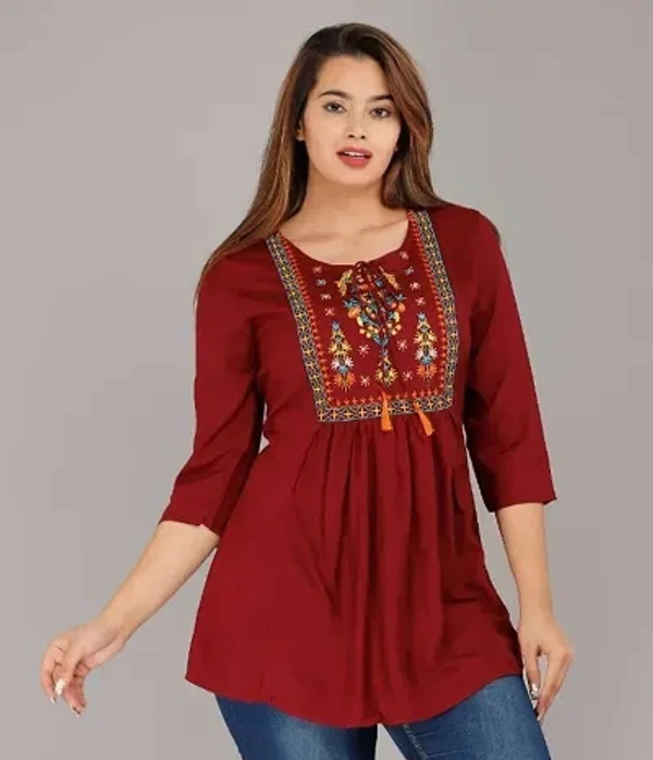 Alluring Rayon Embroidered Short Kurta For Women - XXL, Maroon