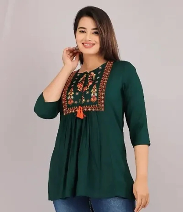 Alluring Rayon Embroidered Short Kurta For Women - L, Teal